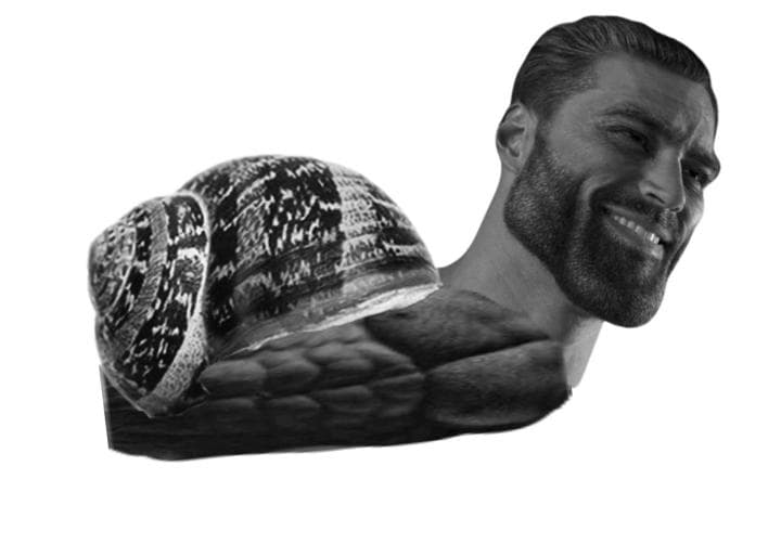 Muscular man’s head on a snail's shell, humorous twist.
