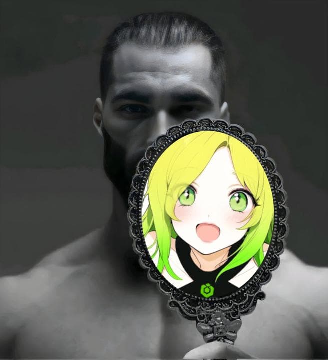 Muscular man holding a mirror reflecting an animated girl.