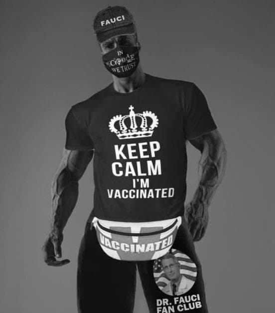 Muscular figure endorsing vaccination with stylish apparel.