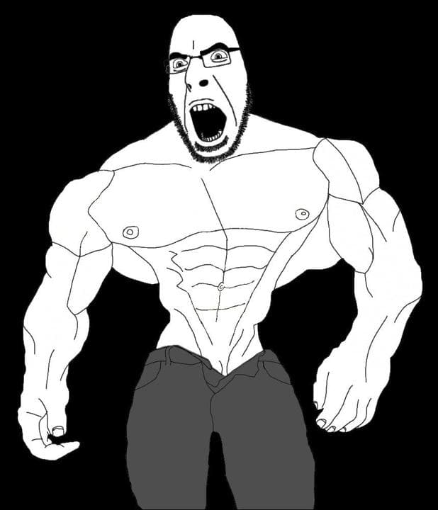 Muscular figure in glasses yelling dramatically.