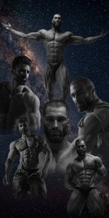 Collage of muscular men in a starry space background.