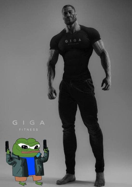 Muscular man in fitness attire with cartoon frog holding guns.