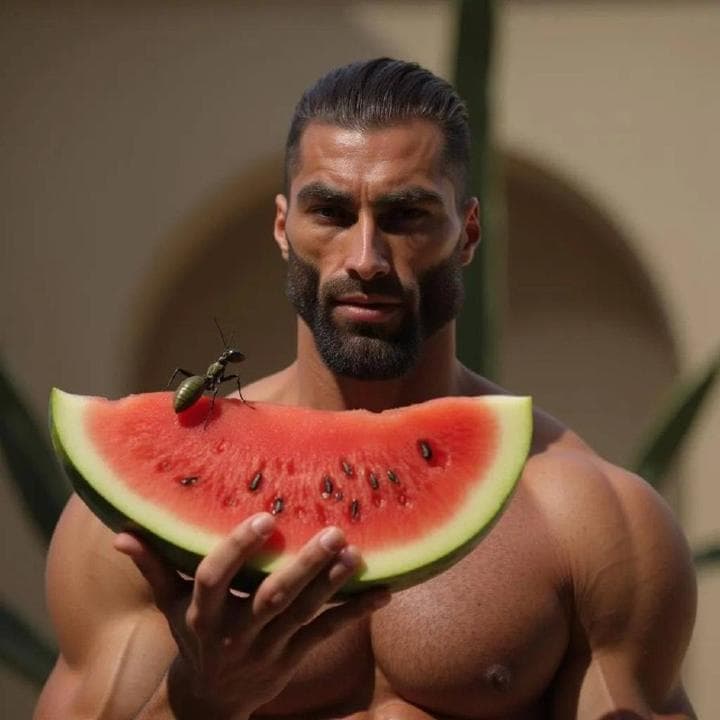 Muscular man with watermelon and an ant on top.