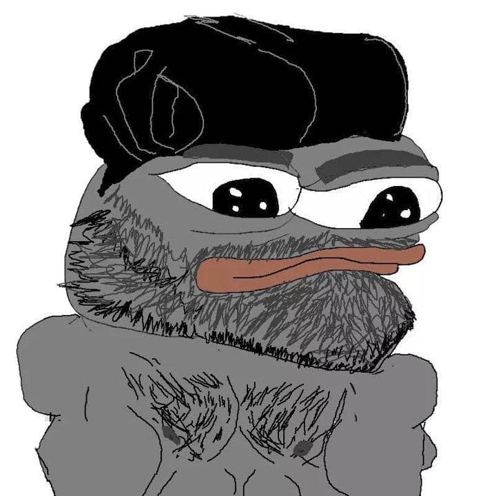 Muscular frog character with a beard and hat looking confident.