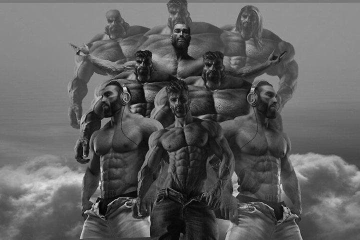 A collage of a muscular man demonstrating overwhelming strength.