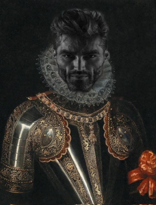 GigaChad face on a knight in armor.