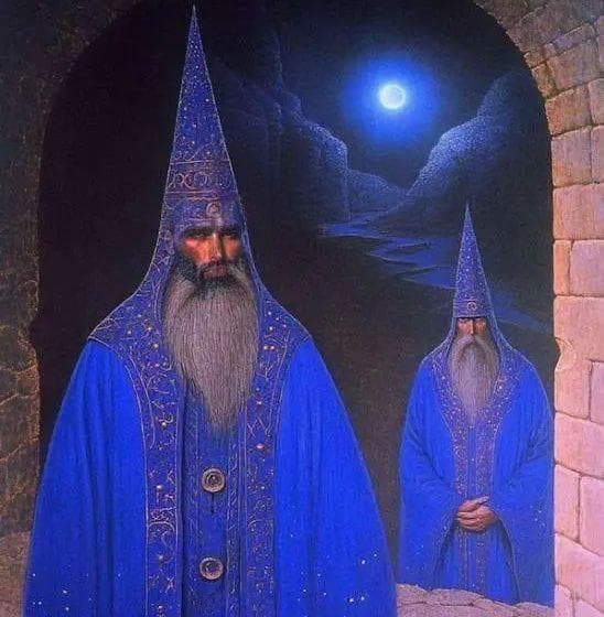 Two robed figures in blue against a moonlit background.