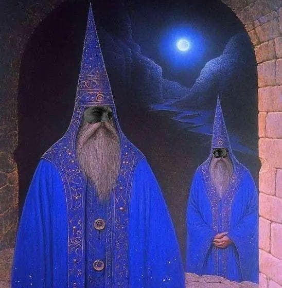 Two robed figures in blue under a moonlit night.