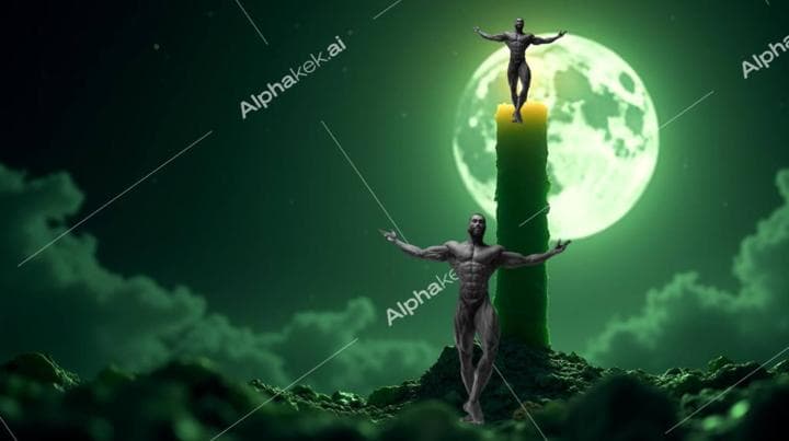Muscular figures posed under a green moon with a candle.