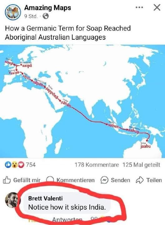 Map showing soap term spread with a comment about India.
