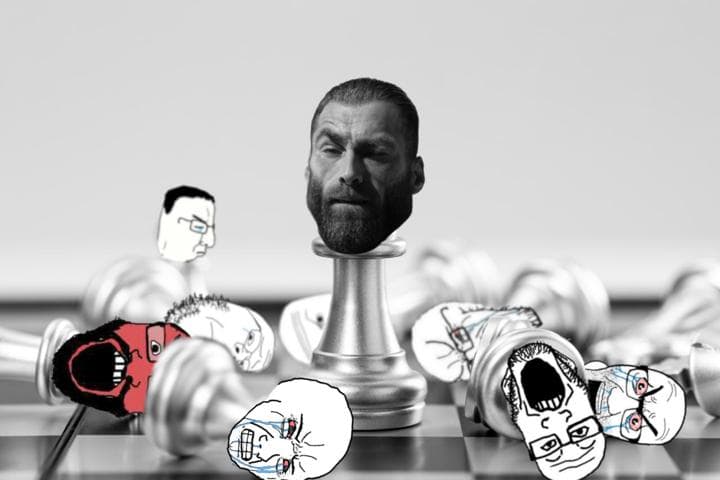 GigaChad head on chess piece amidst defeated meme faces.