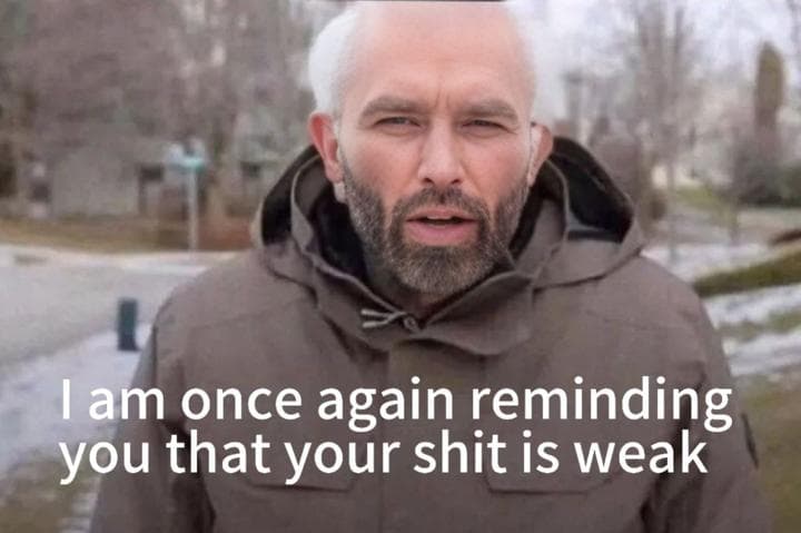 Man in winter coat warns about weakness.