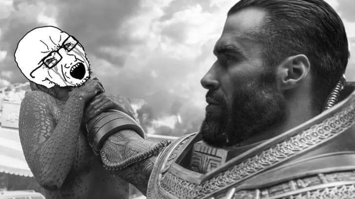 Bearded man confronts meme character in intense setting.