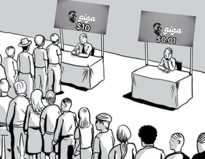 Crowd choosing between two booths with different prices.