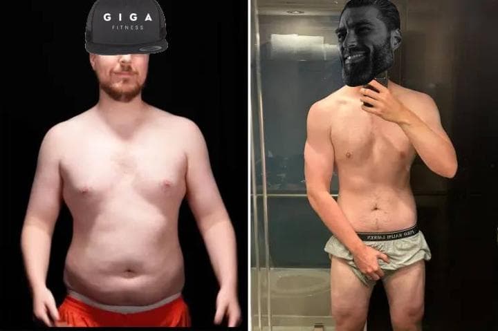 Before and after bodybuilding transformation meme.