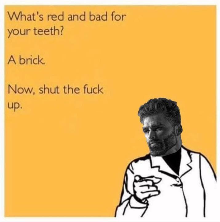 Confident man humorously dismisses a joke about teeth.