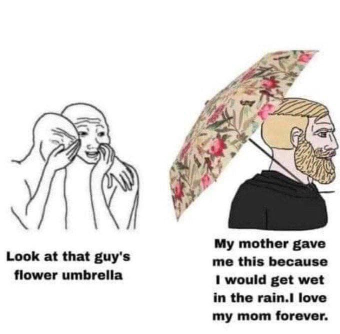 Man with floral umbrella defends it, expressing love for his mother.