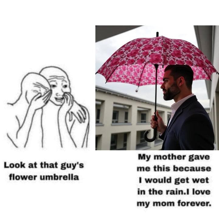 Man with floral umbrella stands as two figures gossip.