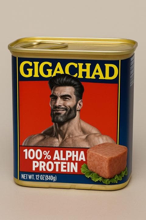 Can of GIGACHAD protein featuring a muscular man.