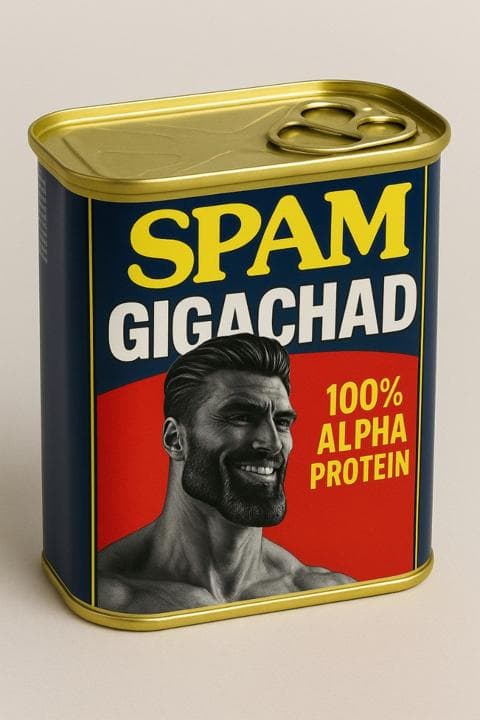 Can of GigaChad Spam with muscular man and alpha protein label.