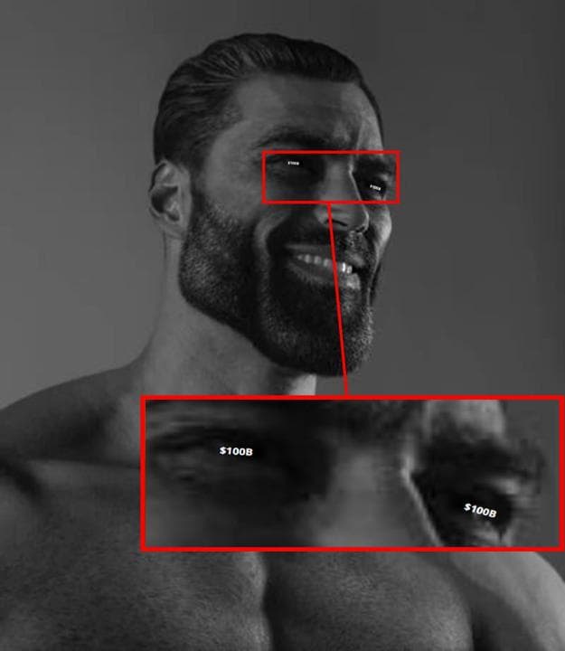 Muscular man with dollar signs over his eyes.