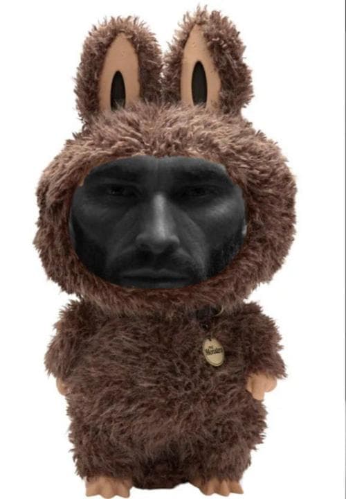 Man's serious face in bunny costume plush toy.