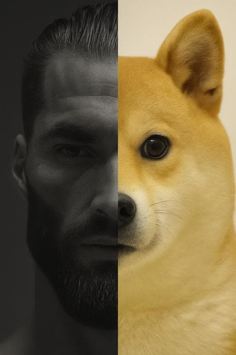 A muscular man and a Shiba Inu dog side by side.