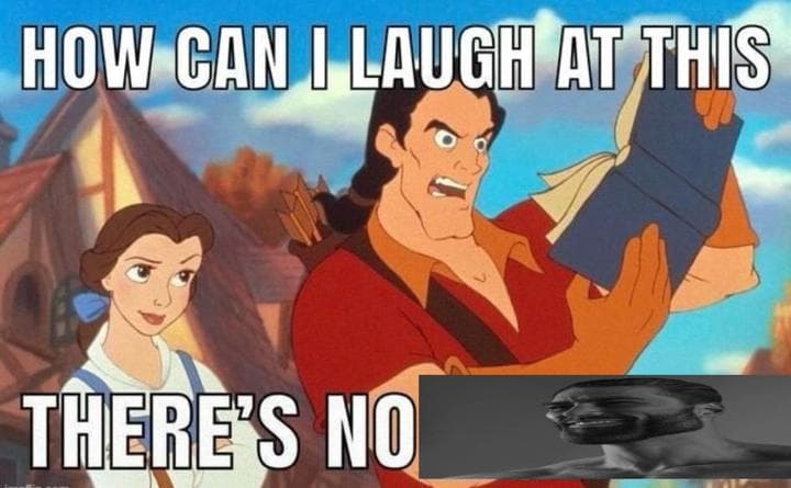 Gaston is frustrated over a book, while Belle looks skeptical.