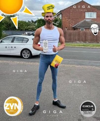 Muscular man posing with drink and book outdoors.
