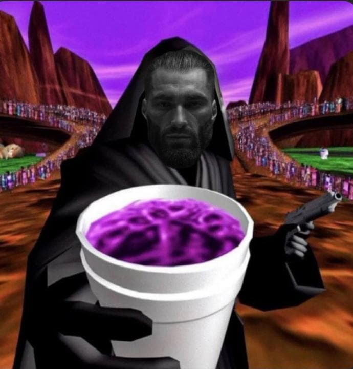 Meme of a cloaked figure holding a purple drink in a surreal setting.