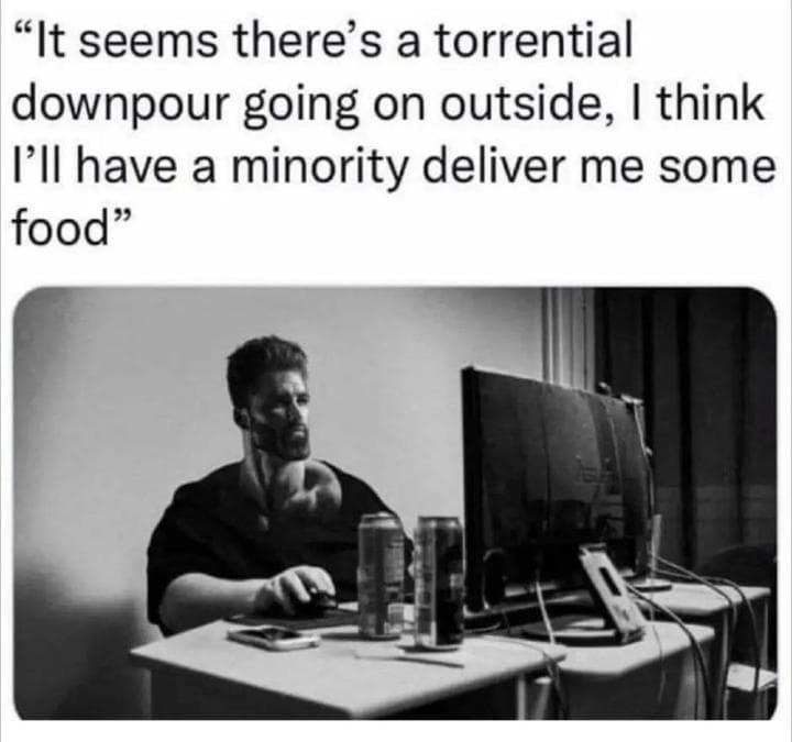 Muscular man considering food delivery during a storm.