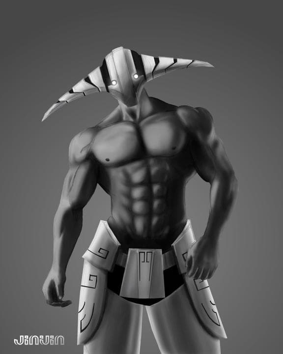 Muscular character with a striped helmet in a dark background.
