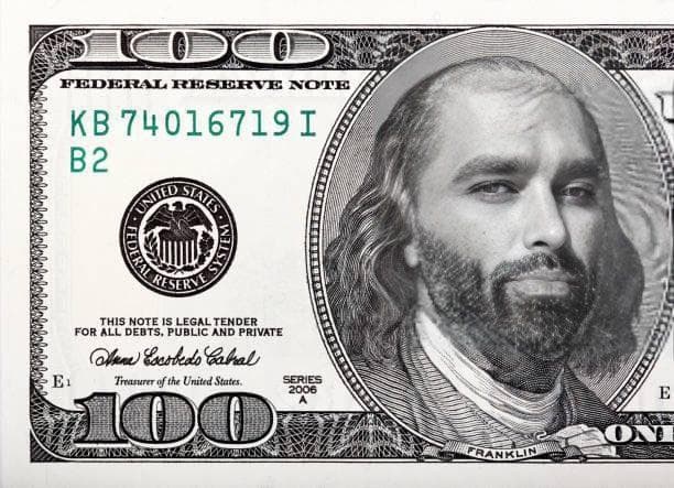Meme of a $100 bill with altered face.