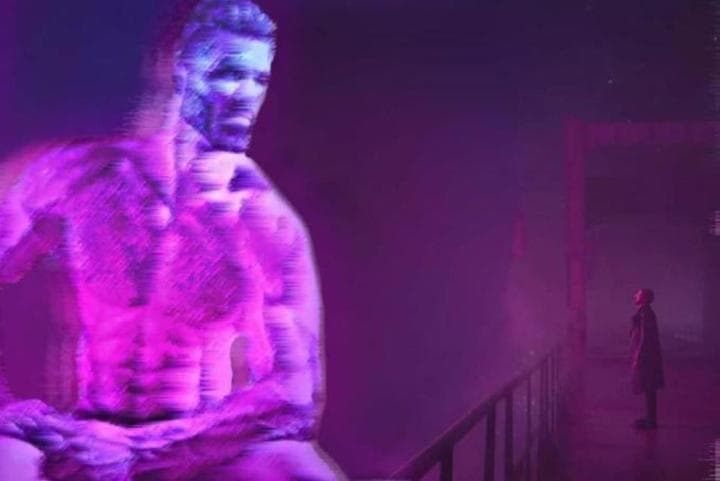 GigaChad figure towering over a lone person in purple mist.
