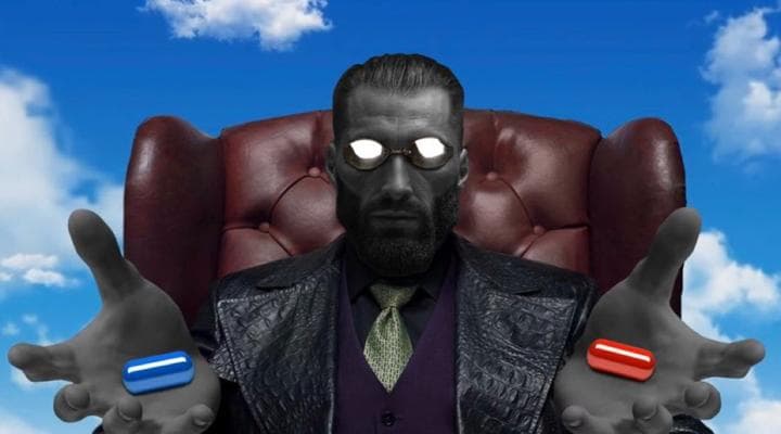Muscular man offers blue and red pills in a dramatic setting.