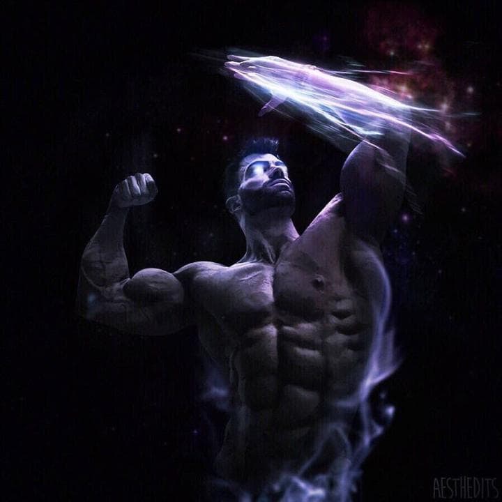 Muscular man flexing in a cosmic-themed background.