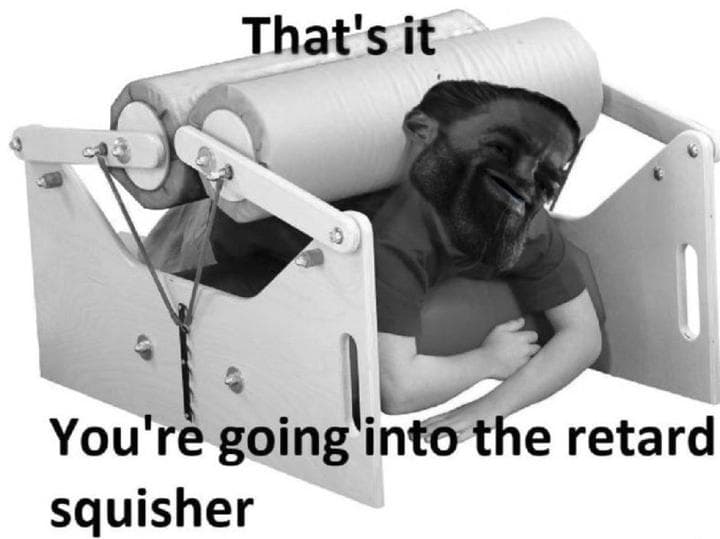 Boy in strange device with GigaChad face, humorous caption.