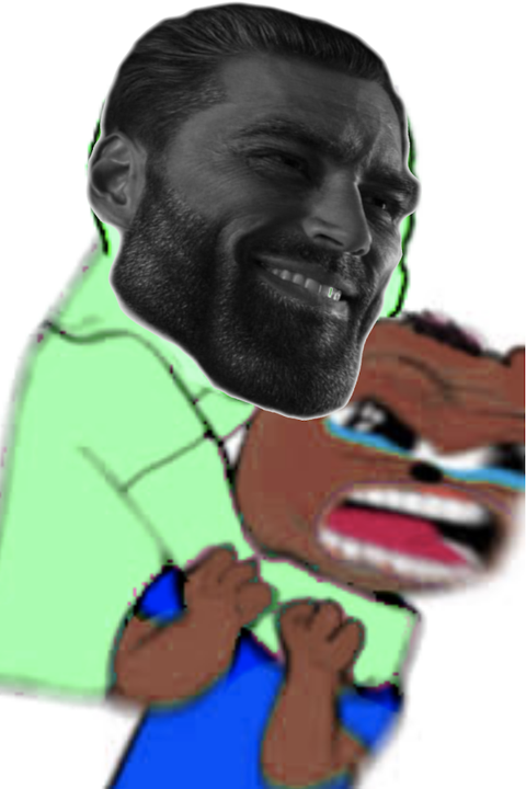 Muscular man humorously overpowering a distressed cartoon character.