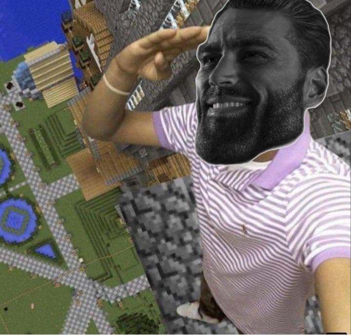 Man saluting with GigaChad face in Minecraft scene.