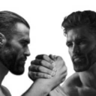 Two muscular men arm-wrestling in a dramatic confrontation.