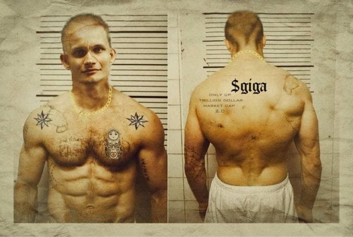 Muscular man with tattoos, showing '$giga' text on back.