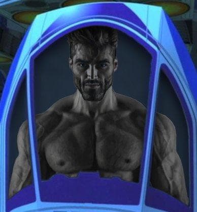 Muscular man in a futuristic chamber looking confident.