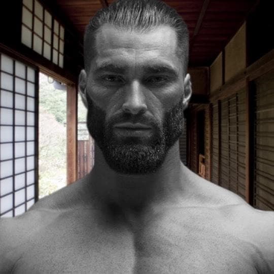 Muscular man with beard in a Japanese interior.