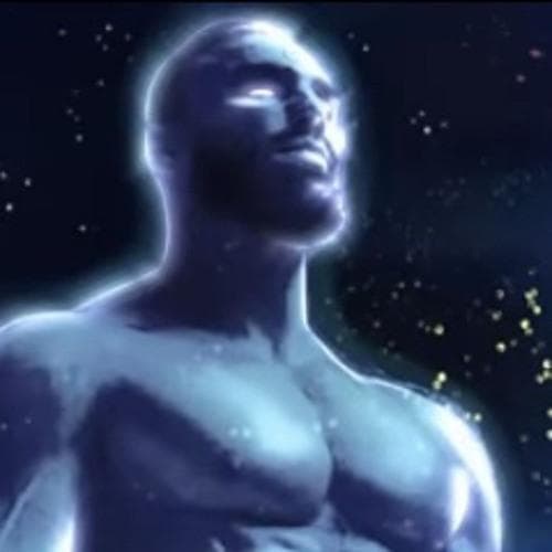 Muscular figure shines brightly in a starry space.