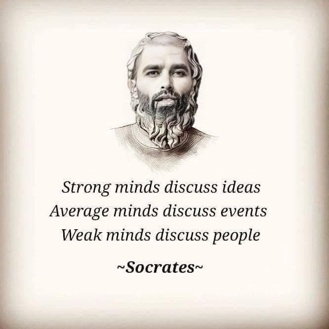 Philosopher portrait with a quote on discussing ideas.