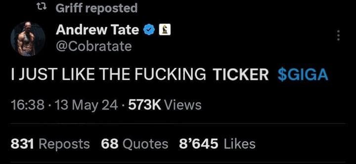 Andrew Tate tweets about a ticker in a bold manner.