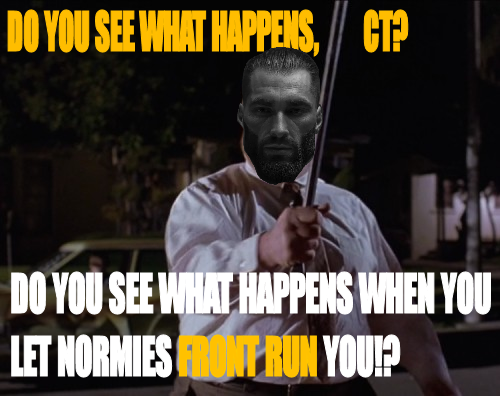 A muscular man warns against letting norms influence decisions.