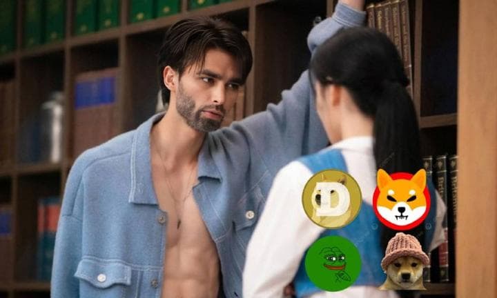 A man and a woman with meme icons between them.