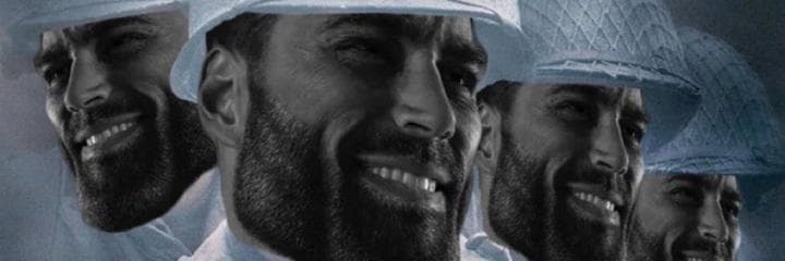Muscular man smiling in a hard hat, multiple angles.