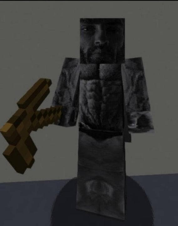 Minecraft character with a muscular face and golden sword.